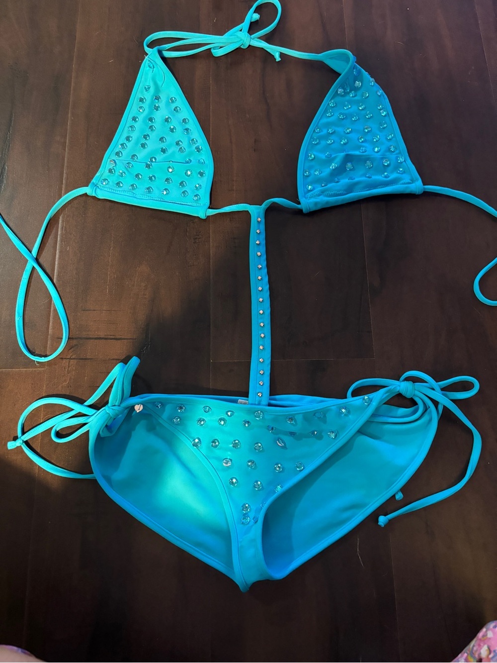 Y2K vintage leg Avenue Turquoise Rhinestone jewel Triangle connected  Bikini s/m